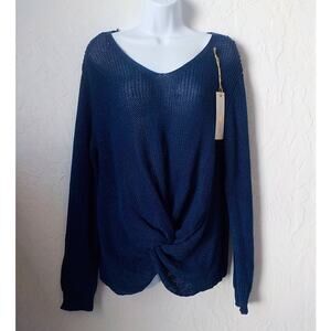 Woven Heart Women XL Blue Sweater V-Neck Front Twist Knot Loose Knit Long Sleeve